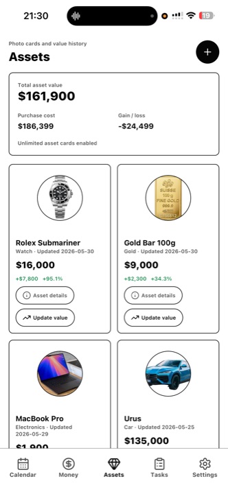 Zynx assets home — total net worth $161,900, photo cards