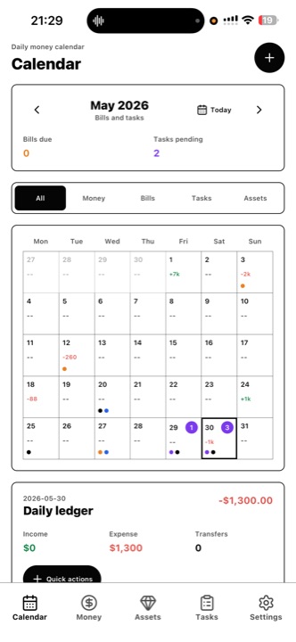Zynx money calendar — bills and tasks by day