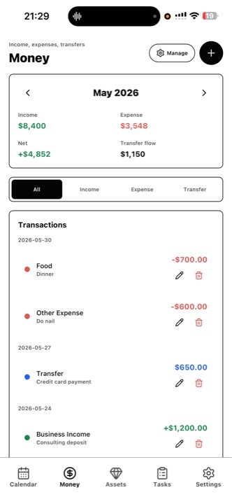 Zynx money ledger — income, expenses and transfers
