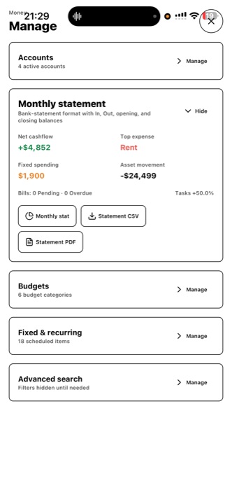 Bank-statement format with opening and closing balances